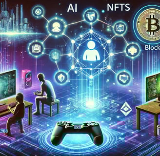 hologramas de IA, NFTs e blockchain conectados a um console, simbolizando tendências futuras 