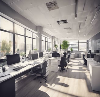 an image of an office with several desks with computers
