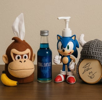 a stuffed animal and a bottle of sonic the hedge