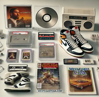 Flat lay of popular collectibles including a vinyl record, trading card, high-top sneakers, retro vi