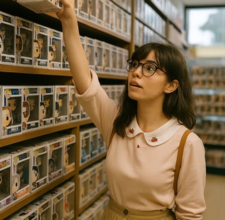a woman in a dress shirt and glasses is looking at a toy in a toy