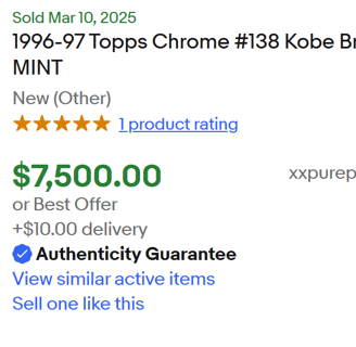 Kobe Bryant rookie card sold on ebay
