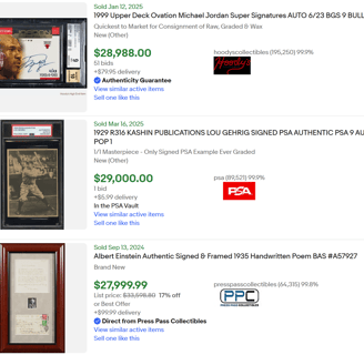 sold celebrity autographed signed collection