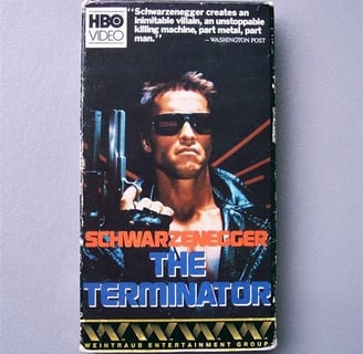 Alt text: First print VHS tape of The Terminator starring Arnold Schwarzenegger.
