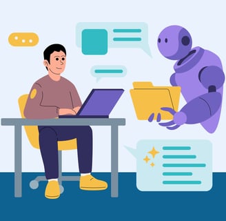 Illustration of a robot handing a file folder to a man sitting at a desk with an open laptop