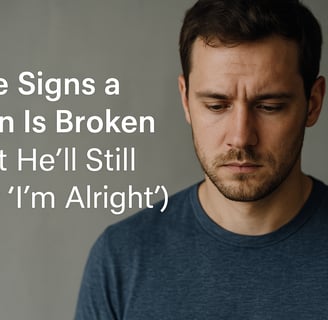Reflective man in a blue shirt next to blog text about emotional signs men are silently struggling.