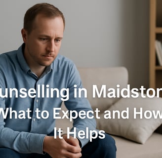 Man sitting on sofa looking thoughtful. Text reads: Counselling in Maidstone – What to Expect and How It Helps