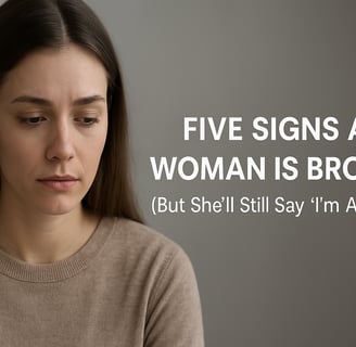 Thoughtful woman in sweater looking down, with blog text about hidden emotional pain and mental health awareness in woman