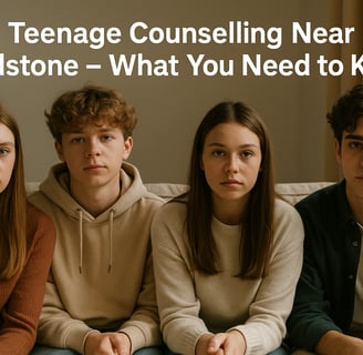 Group of teenage boys and girls sitting outdoors, talking supportively. Text reads: Free Teenage Counselling Near Maidstone