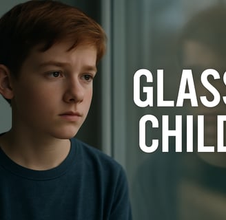 Teenage boy gazing out a window with 'GLASS CHILD' text beside him.