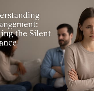Three people sitting apart with tense expressions, highlighting emotional distance.