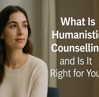 Calm woman sits thoughtfully by a window. Text reads: What Is Humanistic Counselling and Is It Right for You?