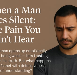 Pensive man beside blog headline on male emotional silence and vulnerability.
