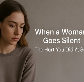 Solemn young woman in a taupe sweater looks down, with blog title “When a Woman Goes Silent: The Hurt You Didn’t See”