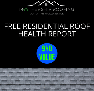A grey roof against a black background advertising a free roof health report