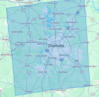 square service area around Charlotte North Carolina for Mothership Roofing