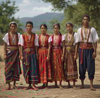 A group of people dressed in traditional attire featuring vibrant reds, blues, and patterned fabrics. One individual, likely engaged in a cultural dance or ceremony, is holding a long stick and is adorned with intricate beadwork and hair decorations. The background showcases a natural setting with foliage under a partly cloudy sky.