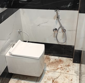 a bathroom with a toilet and a shower