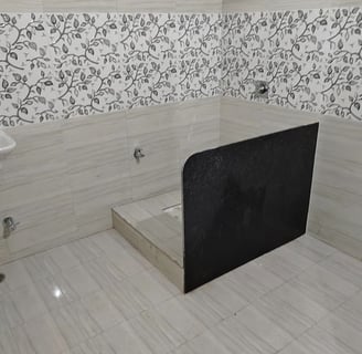 a bathroom with a shower and toilet