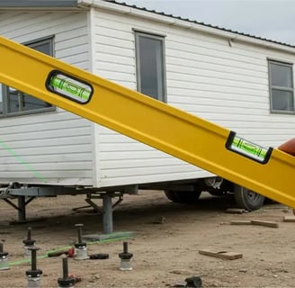"Mobil home correctamente nivelado sobre terreno firme con soportes ajustables"