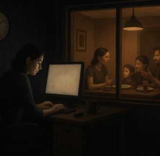 a woman sitting at a computer desk with a man in a dark room