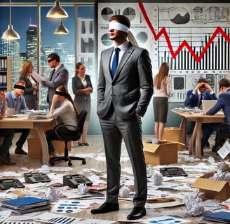 An AI generated image depicitng a leader in a chaotic organisation environment but blindfolded.