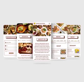 Mobile UI design for Pascualenia restaurant, showcasing reservation, events, about, and menu pages.