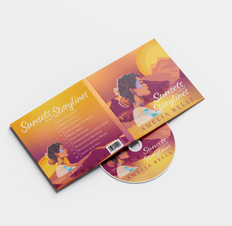 A CD album design for 'Sunsets and Storylines', featuring warm tones and a stylized portrait.