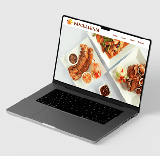 Pascualenia restaurant website displayed on a laptop screen, featuring Filipino dishes.