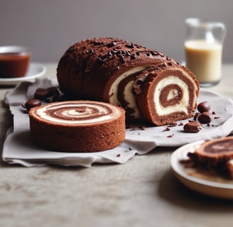 Delicately arranged desserts are placed in square, brown paper trays. Each dessert is round with a white, sponge-like outer layer and different toppings on top, such as chocolate and nuts. They are displayed on a white surface, partially lit by warm light.