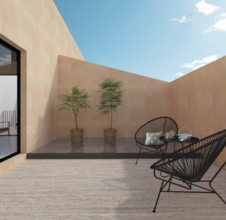 Terraza de casa con materiales neutros y elegantes