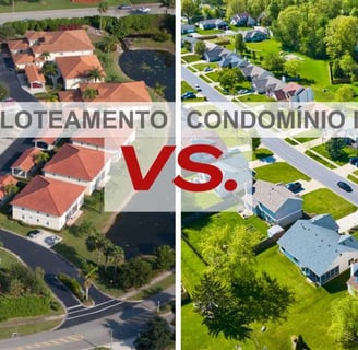Imagem comparativa de um loteamento e um condomínio de lotes