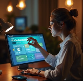 a woman sitting at a desk with a computer screen displaying a screen with a screen
