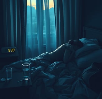 a person laying in bed with a clock on the wall