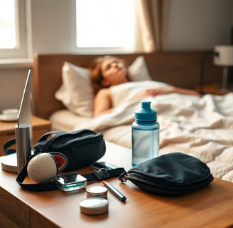 "A neatly organized bedside table with a perfectly laid out gym kit, water bottle, and contact lens 