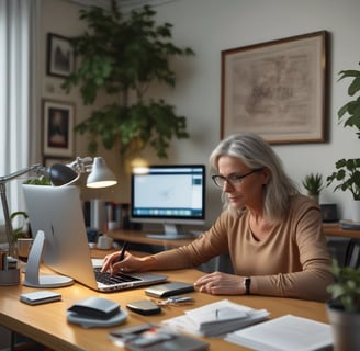 a woman sitting at a desk with a laptop and a laptop