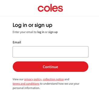 Coles login and sign-up page for creating an online shopping account