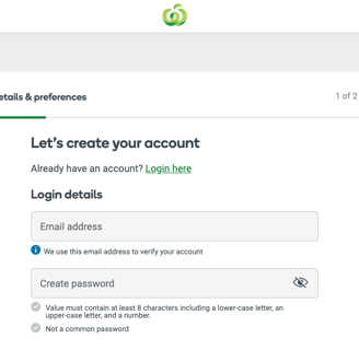 Woolworths account creation page for online grocery shopping setup.