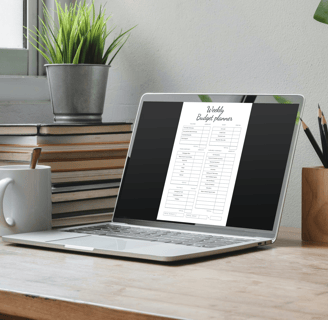 Weekly budget planner displayed on a laptop screen on a modern desk setup with books and plants