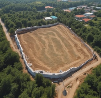 A construction site with a large unfinished building under development. In the forefront, there's a blue temporary office or trailer set against the backdrop of a green lawn. A crane towers in the background, indicating ongoing construction activities.