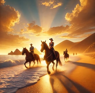 a group of people riding horses on a beach