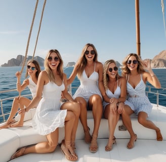 a group of women sitting on a boat at los cabos