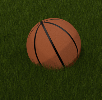 A 3D-rendered basketball resting on vibrant green grass, showcasing realistic textures and lighting.