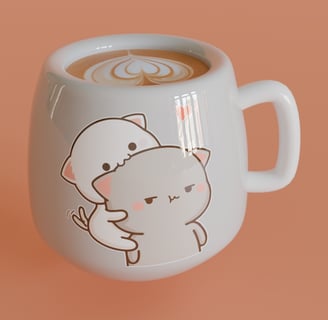 A 3D-rendered coffee mug with a cute cartoon cat design, featuring a glossy ceramic finish.