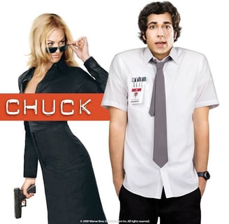 A TV poster for show called Chuck with a man in a dress and a man in a nerd outfit