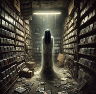 An ethereal woman with black hair in front of her face. She is in a record store.