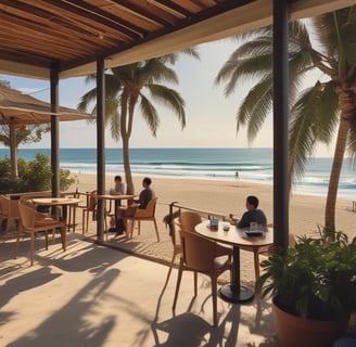 A seaside resort with people relaxing on a wooden deck featuring white cushioned furniture and tables. In the background, the ocean is visible along with a rocky cliff and clear sky. The setting appears leisurely, with palm trees dotting the area.