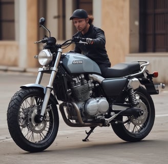 um homem segurando uma moto