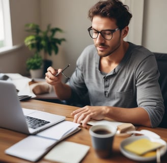 um homem sentado em uma mesa com um laptop e uma xícara de café
