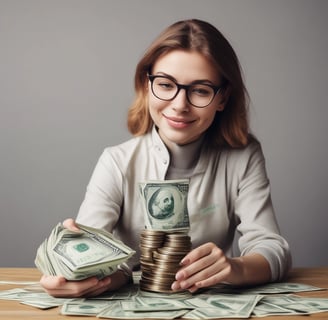 uma mulher está segurando uma pilha de dinheiro e uma pilha de moedas